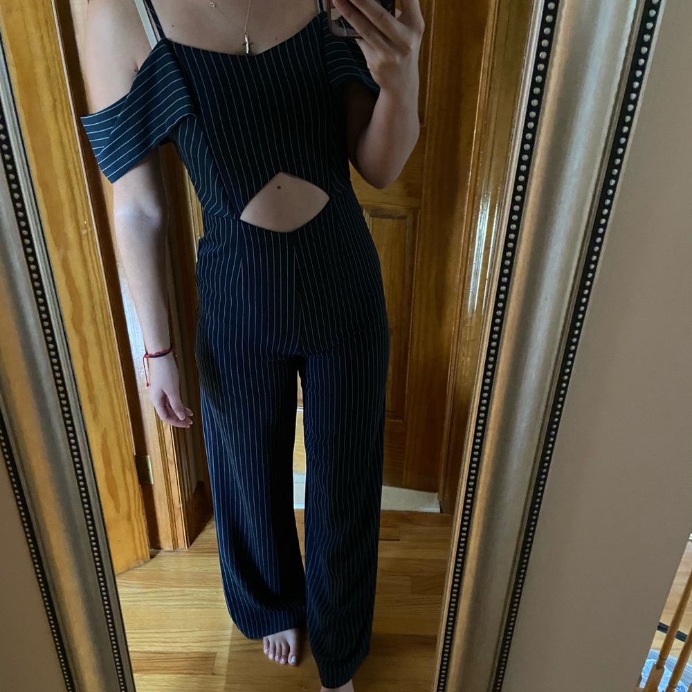Navy Blue and White Pinstripe Jumpsuit